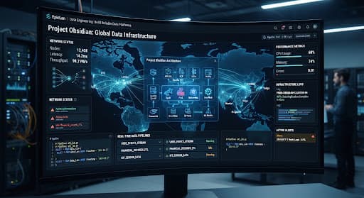 Dark technical interface mapping a complex global data infrastructure network