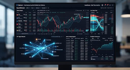 Data visualization dashboard with market data flows and deep blue trading signals