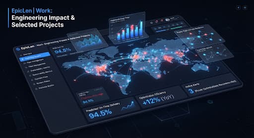 A dark predictive logistics dashboard with heatmaps and floating supply chain data cards