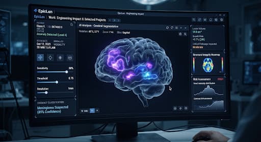 An ultra-modern medical imaging dashboard showing an AI-annotated brain scan
