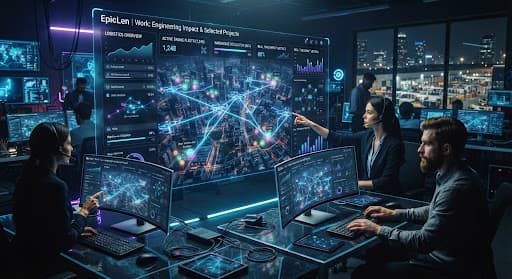 A futuristic e-commerce logistics command center with live delivery and warehouse data