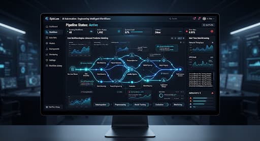 Dark technical dashboard showing AI workflow graphs and real-time automation metrics